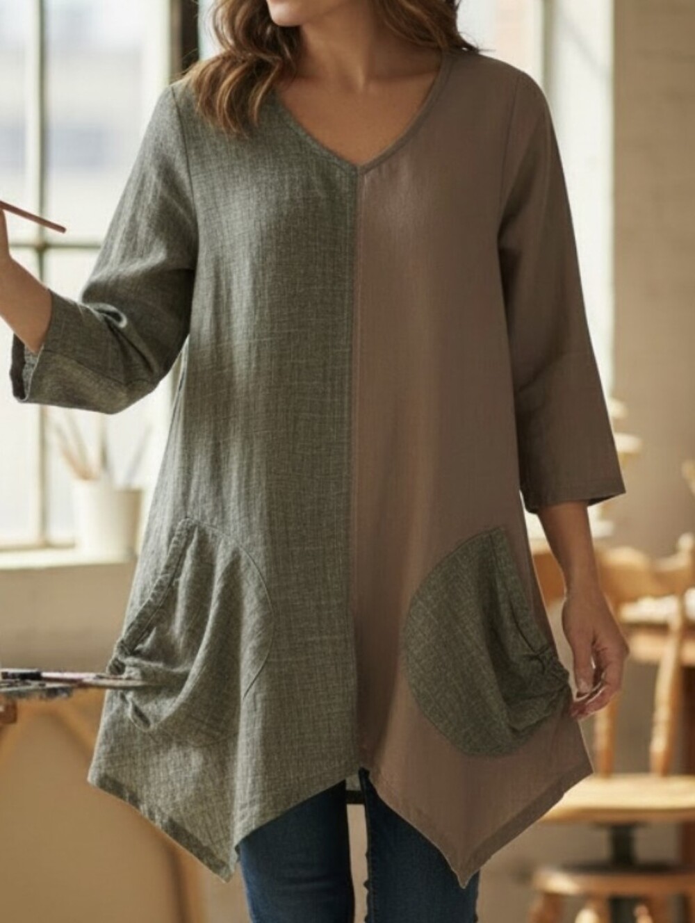 AVALOO Artisan Lagenlook Linen Oversized 3/4 Sleeves Tunic Top Size S